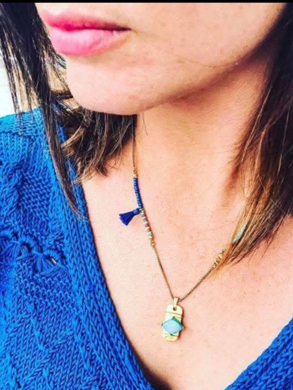Keep Collective Blue Beaded Tassel Necklace with Gold Accent Charm Bar New
